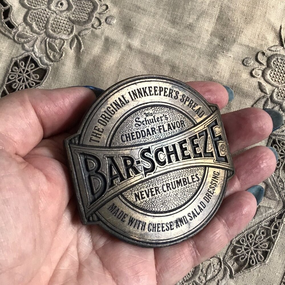 Vintage Belt Buckle, Win Schuler's BAR-SCHEEZE cheese spread, Solid Brass, 3"x3"